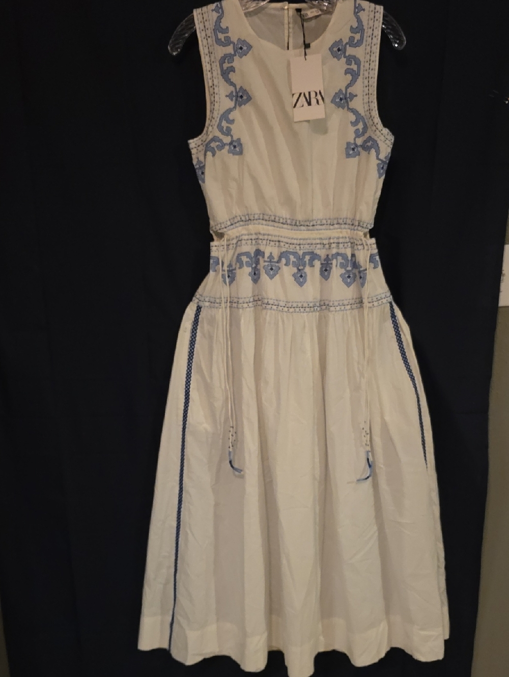 ZARA White Midi Dress with Blue Embroidery